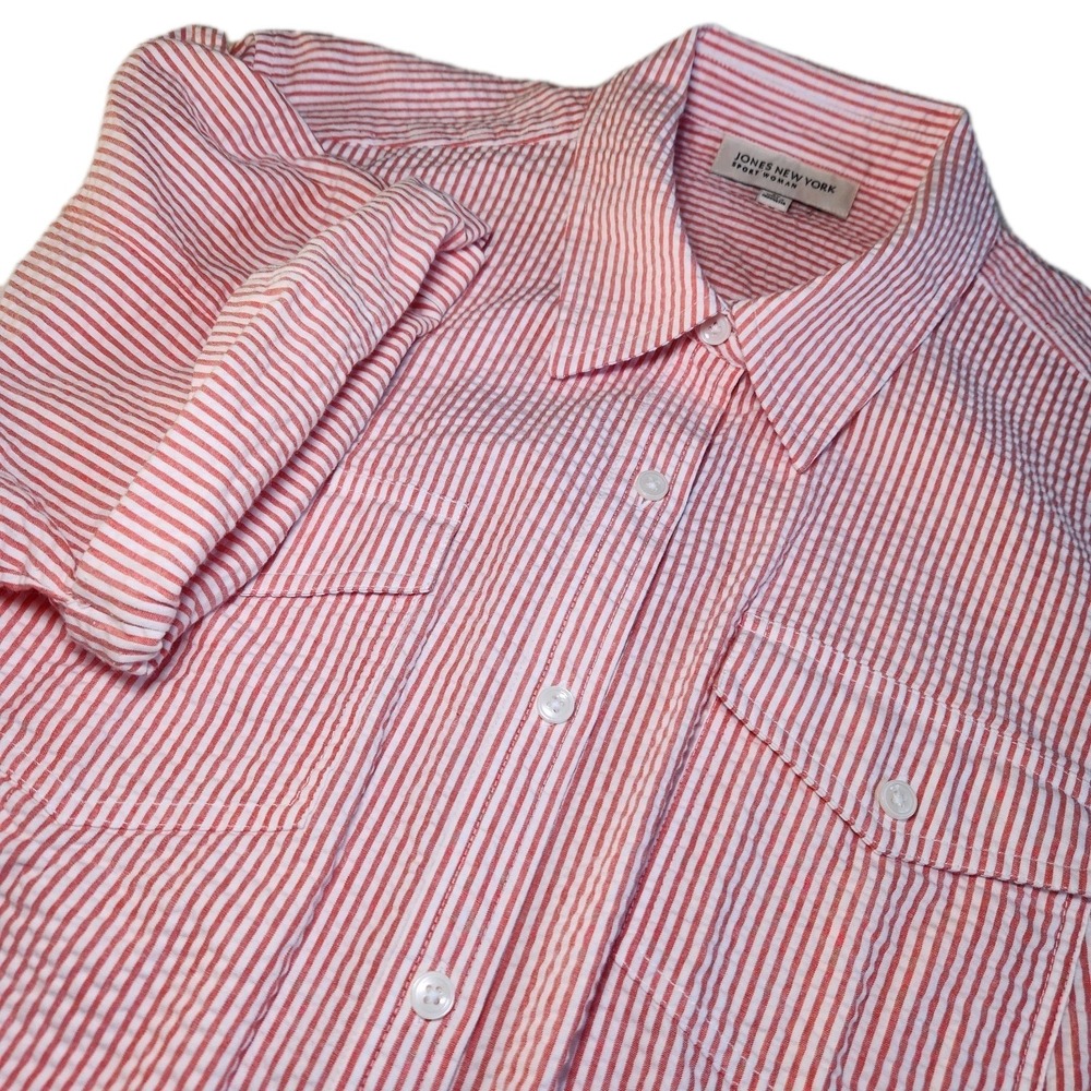 JONES NEW YORK Seersucker Shirt Women Plus 2X Orange Striped cotton blouse Beach